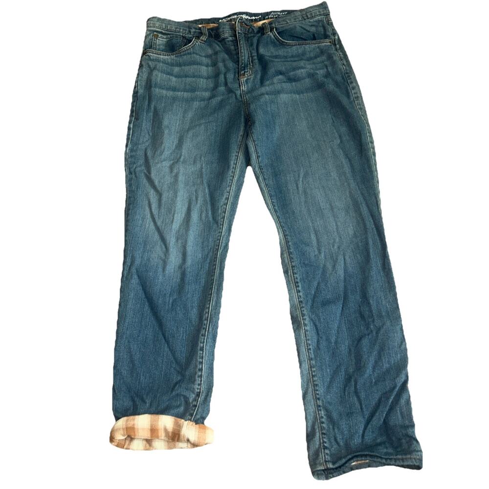 Eddie Bauer Women’s 12 P Light Blue Boyfriend Mid Rise, Straight Plaid Lined